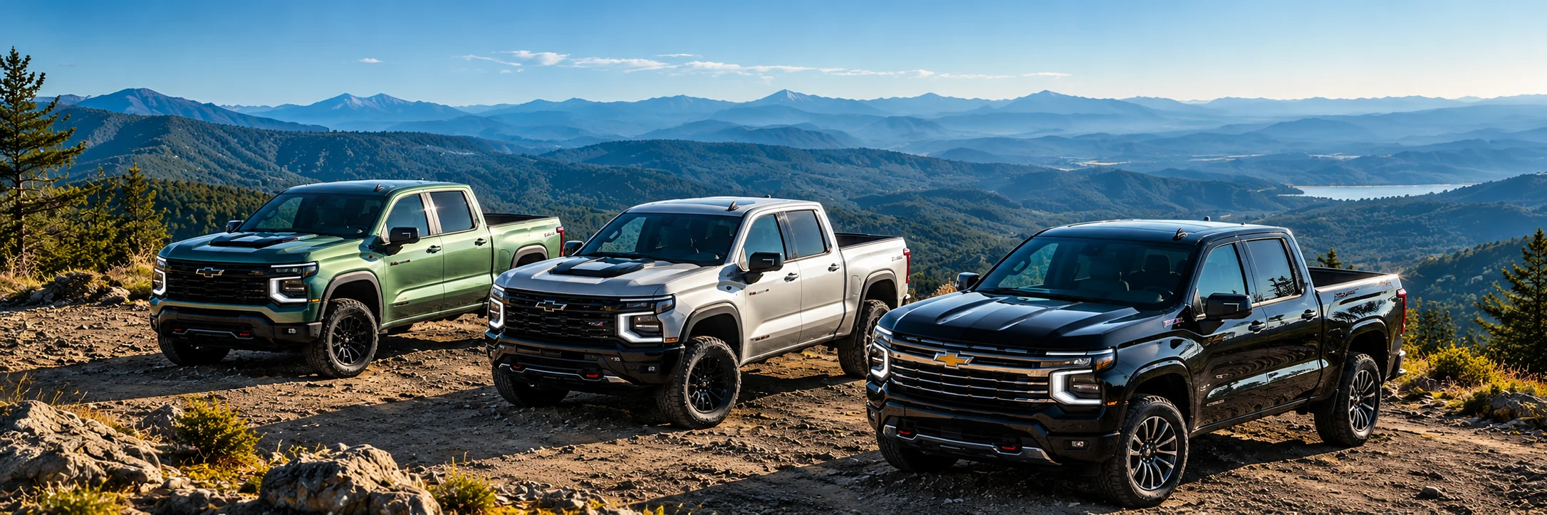 Green, silver, and black Chevrolet pickups parked on a mountain overlook