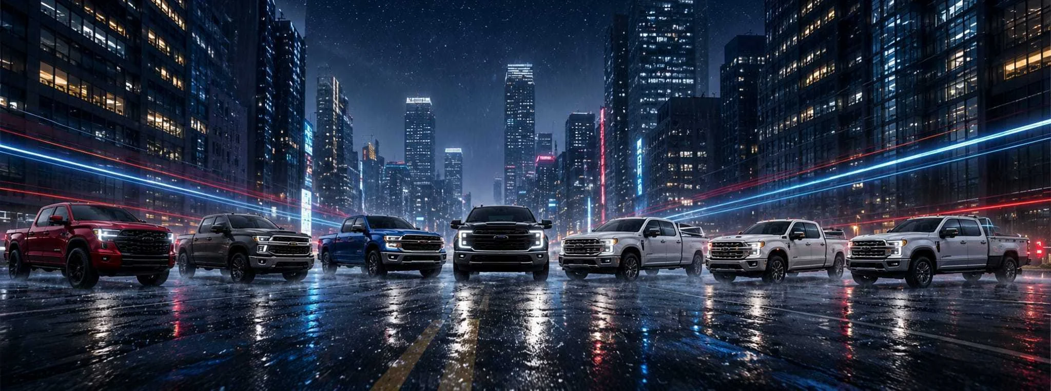 Pickup trucks lined up on a wet city street at night